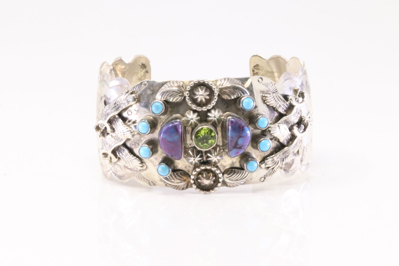 Native America Navajo Sterling Silver Purple Stone / Peridot & Turquoise Bracelet Cuff By R.B. (1 of 4)