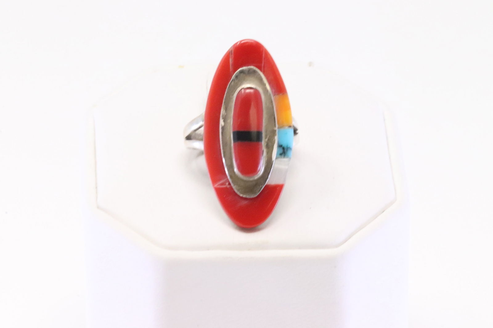Native America Navajo Sterling Silver Synthetic Multi-Color Stone Inlay Ring By T.J.O.: This is a Native America Navajo Sterling Silver Synthetic Multi-Color Stone Inlay Ring By T.J.O. Ring size: 6.00.
