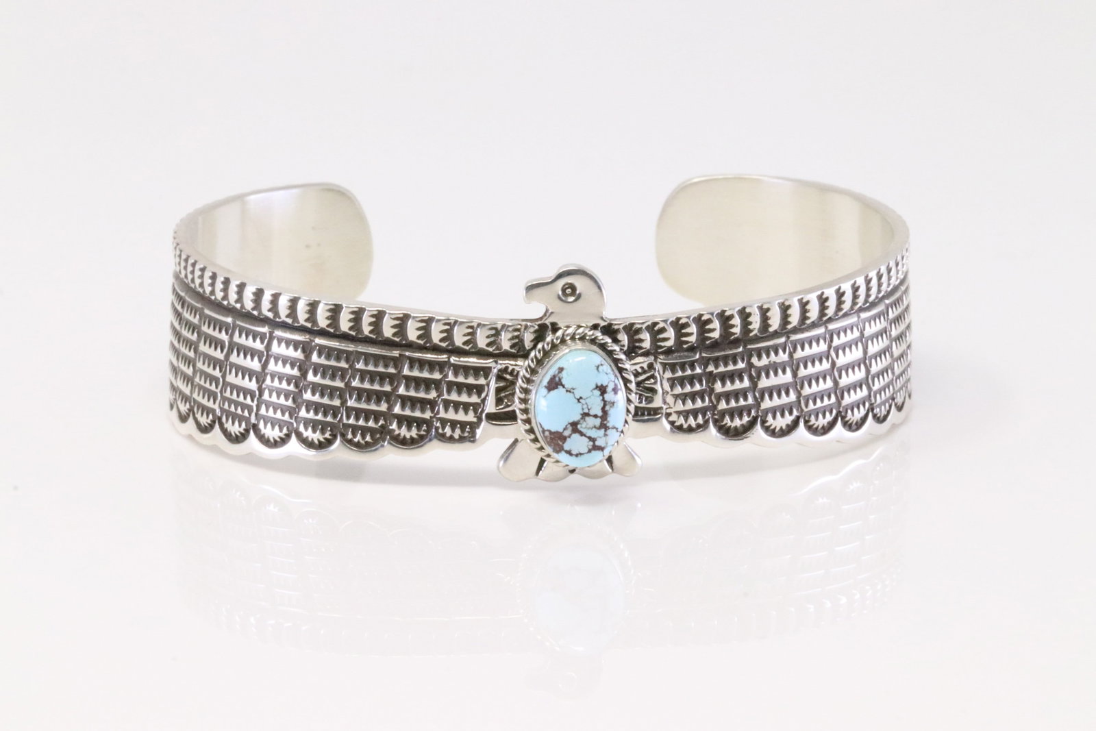 Native America Navajo Sterling Silver Golden Hill Turquoise Thunderbird Bracelet By Darell Cadman.: This is a Native America Navajo Sterling Silver Golden Hill Turquoise Thunderbird Bracelet By Darell Cadman.