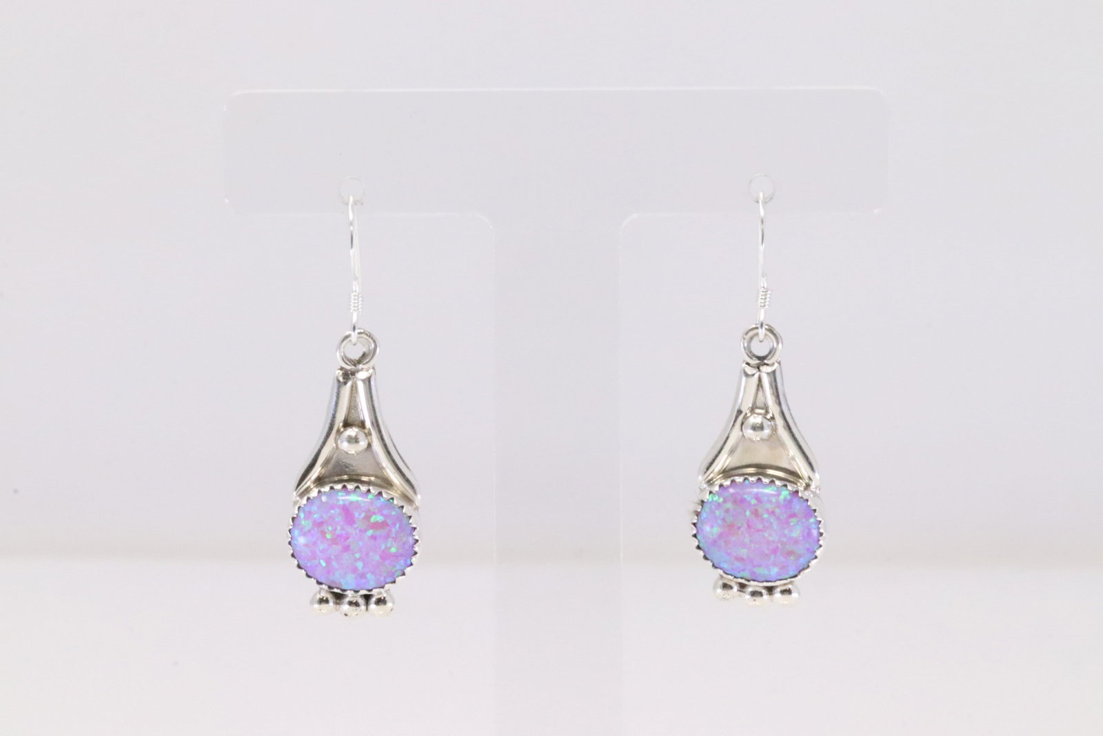 Native America Navajo Sterling Silver Synthetic Pink Opal Hook Dangling Earring's By Rita Largo.: This is a Native America Navajo Sterling Silver Synthetic Pink Opal Hook Dangling Earring's By Rita Largo.
