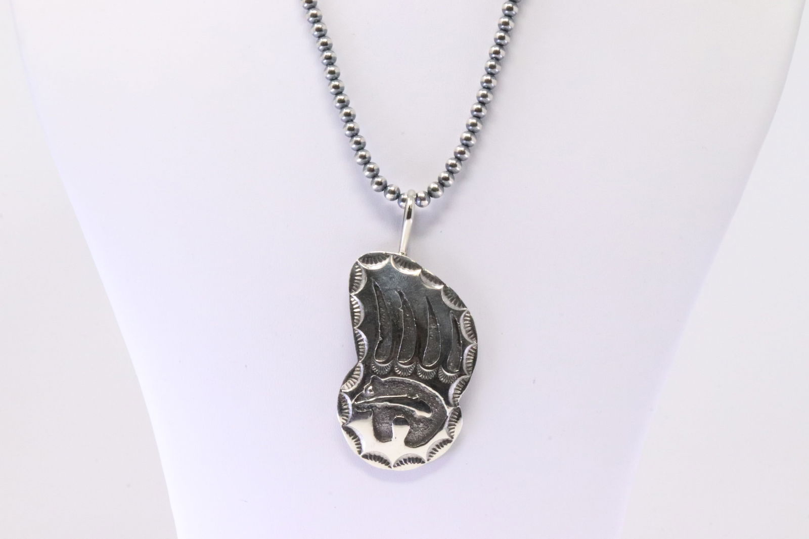 Native America Navajo Sterling Silver Bear Paw Pendant By Emerson Kinsel. With Pearl Beaded Sterling: This is a Native America Navajo Sterling Silver Bear Paw Pendant By Emerson Kinsel. With Pearl Beaded Sterling Silver Machine Made Necklace. Necklace length: 16.00"