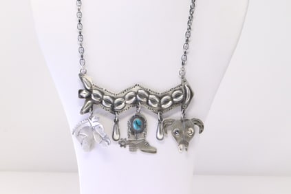 Native America Navajo Sterling Silver Turquoise Necklace By Tim Yazzie.