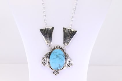 Native America Navajo Sterling Silver Turquoise Necklace By Jennifer Cayaditto.