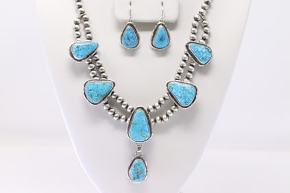Native America Navajo Sterling Silver Kingman Web Turquoise Necklace & Earring's Set By B.