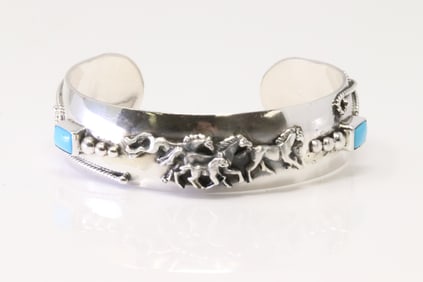 Native America Navajo Sterling Silver Turquoise Horse Bracelet Cuff By Bobby Platero.