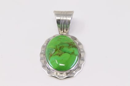 Native America Navajo Sterling Silver Green Stone Pendant By R.B.