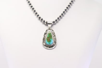 Native America Navajo Sterling Silver Sonora Gold Turquoise Pendant With Pearl Beaded Sterling