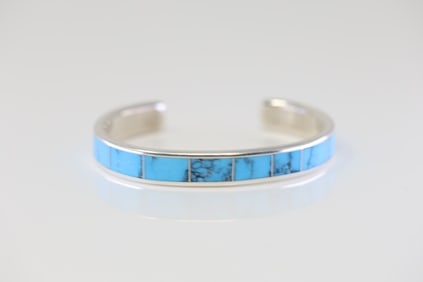 Native America Navajo Sterling Silver Turquoise Inlay Bracelet By Loretto.