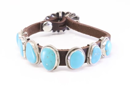 Native America Navajo Sterling Silver Turquoise Leather Bracelet By C.R.