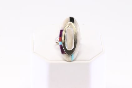 Native America Navajo Sterling Silver Synthetic Multi-color Stone Ring By T.J.O.