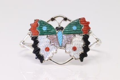 Native America Zuni Sterling Silver Multi-Color Inlay Bracelet By Tamara Pinto.