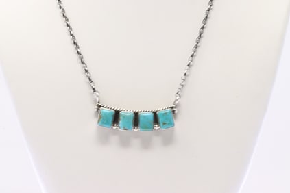 Native America Navajo Sterling Silver Kingman Turquoise Necklace By Elouise Kee.