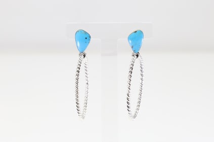 Native America Navajo Sterling Silver Turquoise Hoop Earring's By Jerome Lee.