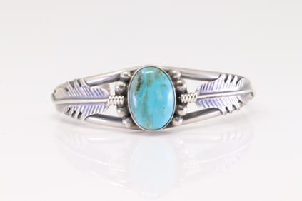 Native America Navajo Sterling Silver Kingman Turquoise Bracelet Cuff By Alfred Martinez.