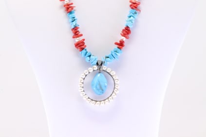 Native America Navajo Sterling Silver Coral / Turquoise & Pearl Necklace.