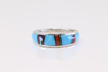 Native America Navajo Sterling Silver Multi-Color Inlay Ring By A.T.