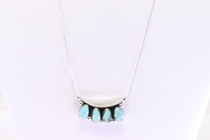 Native America Navajo Sterling Silver Turquoise Necklace By Annette Martinez.