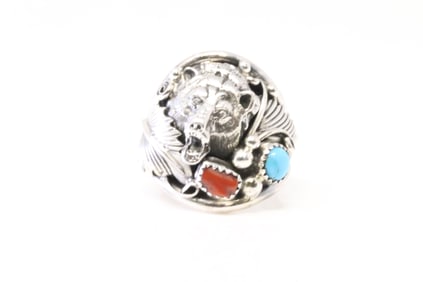 Native America Navajo Sterling Silver Coral & Turquoise Bear Casted Ring By Jeanette Saunders.