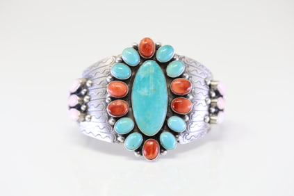 Native America Navajo Sterling Silver Multi-Color Stone Bracelet Cuff By Jacqueline Silver.