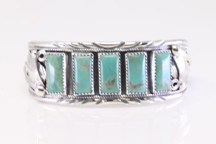 Native America Navajo Sterling Silver Turquoise Bracelet Cuff By Davey Morgan.