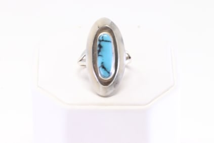 Native America Navajo Sterling Silver Synthetic White & Turquoise Ring By T.J.O.