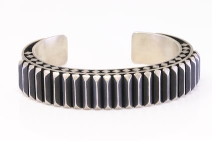 Native America Navajo Sterling Silver Solid Double Raised Bracelet Cuff By Leander Tahe.