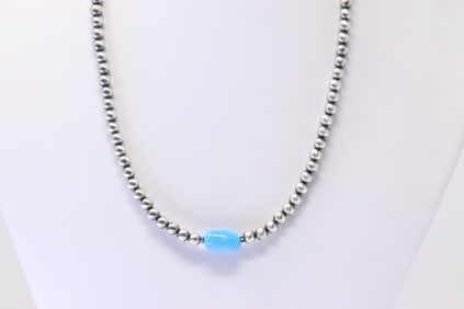 Native American Navajo Sterling Silver Turquoise / Pearl Beaded Necklace.