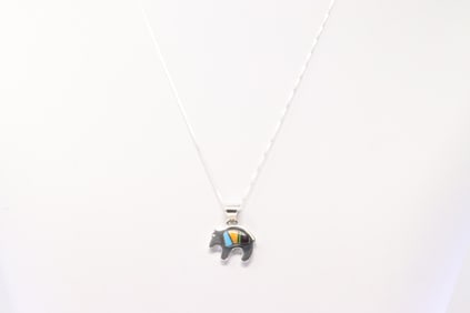 Native American Navajo Sterling Silver Multi-Color Inlay Bear Pendant with A Necklace.