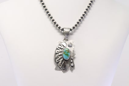 Native America Navajo Sterling Silver Sonora Gold Turquoise Pendant By M.B. With Pearl Beaded