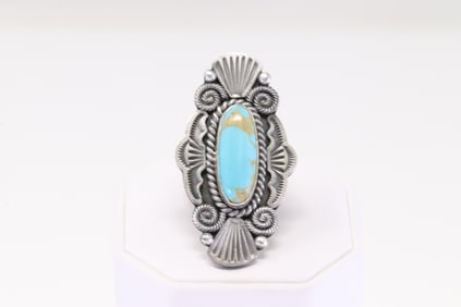 Native America Navajo Sterling Silver Kingman Turquoise Ring By M.C.