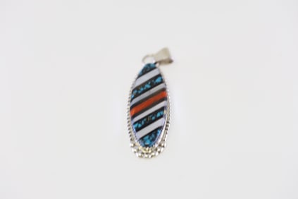Native America Zuni Sterling Silver Multi-Color Inlay Pendant By W.J.H.