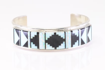 Native America Zuni Sterling Silver Black Onyx & Opal Inlay Inlay Bracelet By Sylvester Noche.