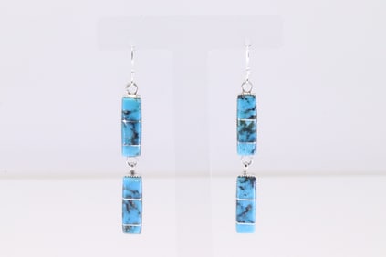 Native America Navajo Sterling Silver Turquoise Inlay Dangling Earring's By Leona Delgarito.