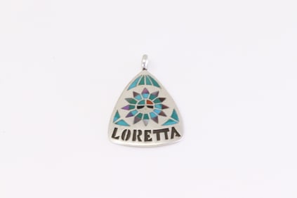 Native America Zuni Sterling Silver Multi-Color stone Inlay Pendant By Loretta.