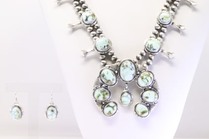 Native America Navajo Sterling Silver Palomino Squash Blossom Necklace & Earring's Set By Thomas