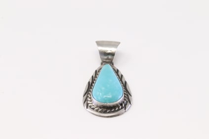 Native America Navajo Sterling Silver Kingman Turquoise Pendant By Augustine Largo.
