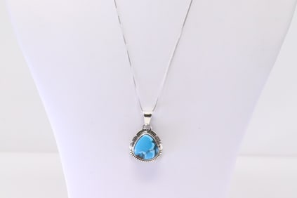 Native America Navajo Sterling Silver Turquoise Pendant & A 925 Necklace By N.J.