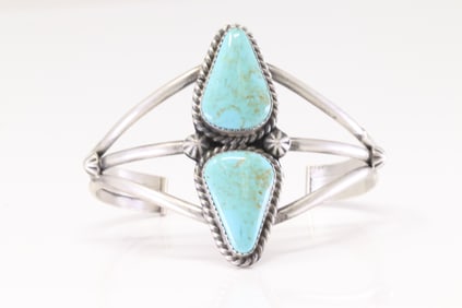 Native America Navajo Sterling Silver Kingman Turquoise Bracelet Cuff By Augustine Largo.