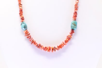 Native America Navajo Sterling Silver Coral / Spiny & Turquoise Necklace.