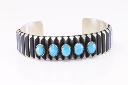 Native America Navajo Sterling Silver Turquoise Bracelet Cuff By L.Tahe.