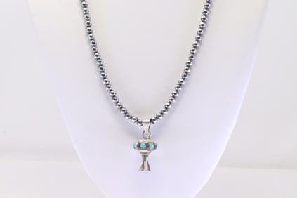 Native America Navajo Sterling Silver Turquoise Squash Blosoom Pendant By Monica Smith. With Pearl