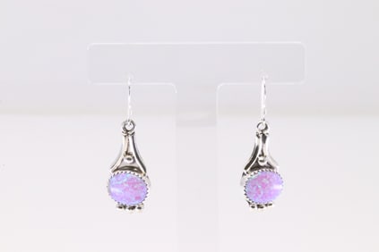Native America Navajo Sterling Silver Synthetic Pink Opal Dangling Earring's By Rita Largo.