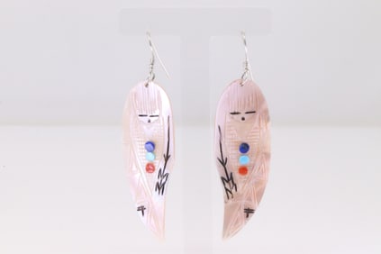 Native America Zuni Sterling Silver Pink Shell Kachina Dangling Earring's.