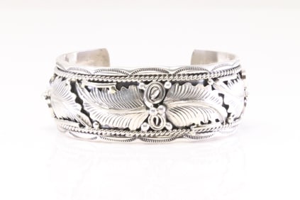 Native America Navajo Sterling Silver Bracelet Leaf Cuff By M.Thomas Jr.