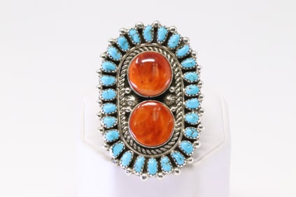 Native America Navajo Sterling Silver Spiny Oyster & Turquoise Ring By T.J.