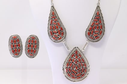 Native America Navajo Sterling Silver Coral Necklace & Earring's Set By M.H.