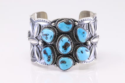 Native America Navajo Sterling Silver Kingman Turquoise Bracelet Cuff By Tillie John.