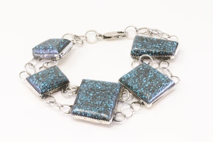 Native America Navajo Sterling Silver Kingman Turquoise Bracelet Link By Clifford Lewis.