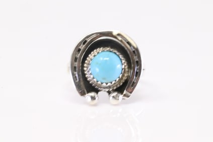 Native America Navajo Sterling Silver Turquoise Horseshoe Ring By Alice Rose Saunders.