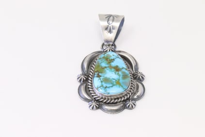Native America Navajo Sterling Silver Kingman Turquoise Pendant By D.R.